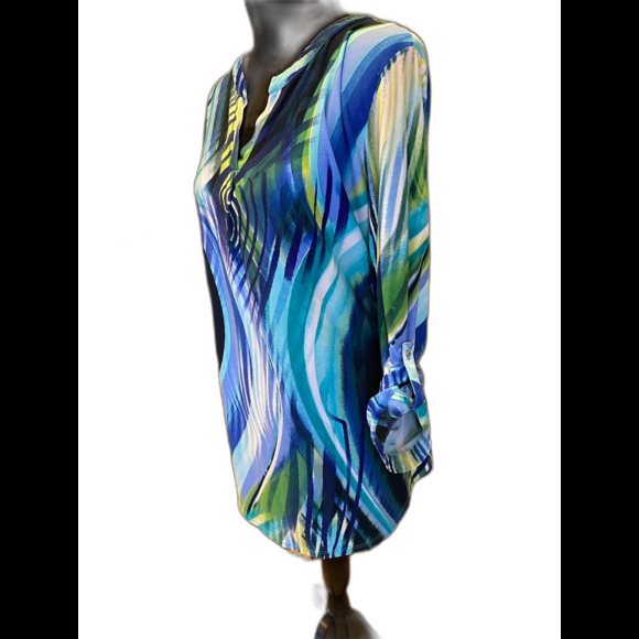 Cato Womens Blouse High Low Stretch Shirt Blue Green Plus Sz XL V Neck Top - Picture 2 of 9
